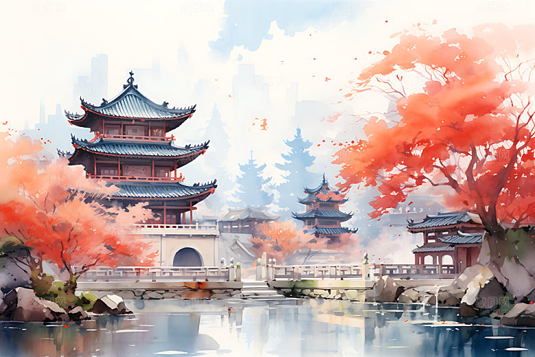 水墨秋天写实风光中国风插画