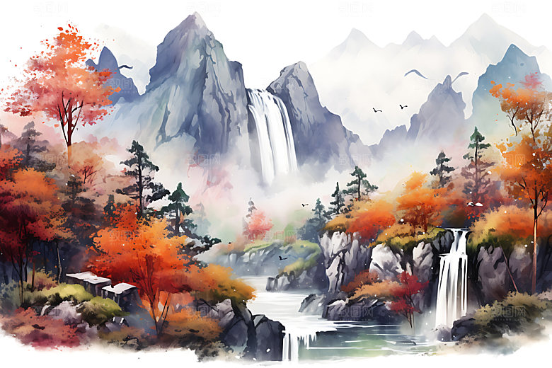 水墨秋天晕染风光中国风插画