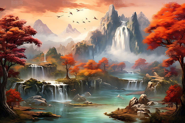 水墨秋天山水楼阁风光中国风插画