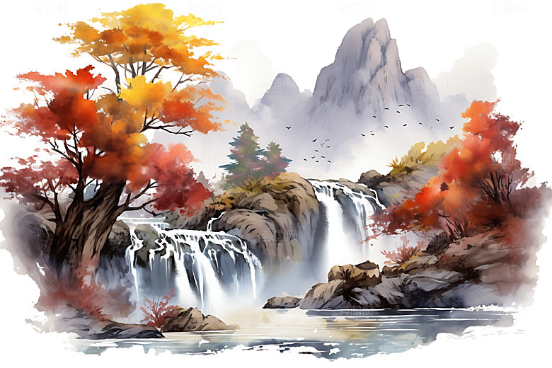 水墨秋天唯美风光中国风插画