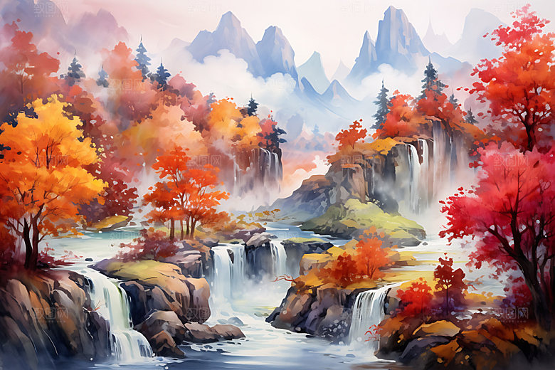 水墨秋天风光写实中国风插画