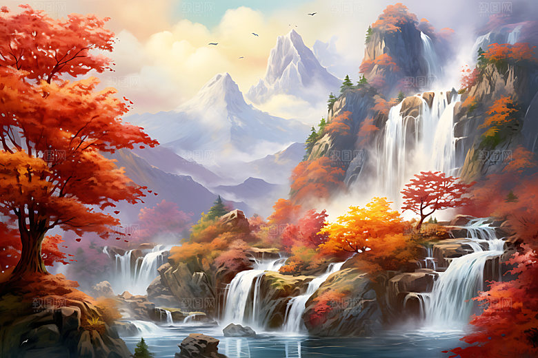 水墨秋天写实风光中国风插画