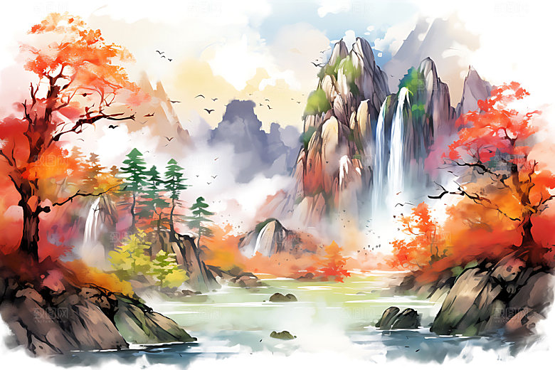 水墨秋天风光国画中国风插画