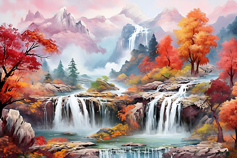 水墨秋天晕染山水楼阁中国风插画