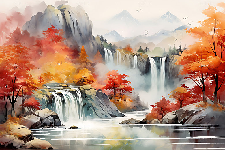 水墨秋天写实晕染中国风插画