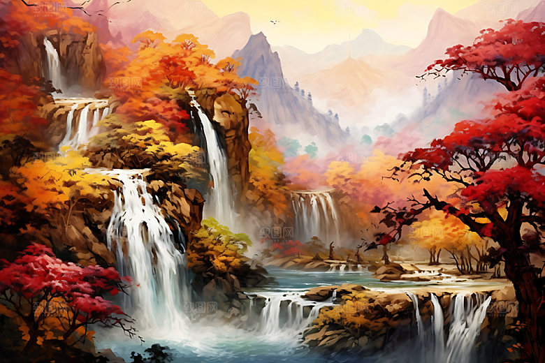 水墨秋天写实山水楼阁中国风插画