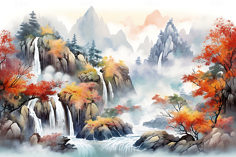 水墨秋天风光唯美中国风插画
