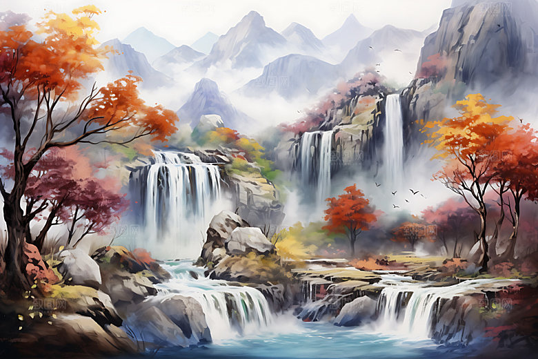 水墨秋天风光写实中国风插画