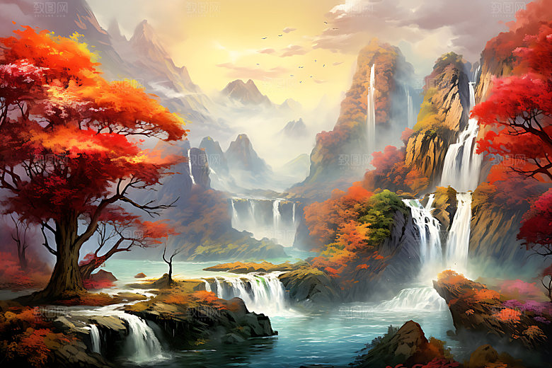 水墨秋天写实国画中国风插画