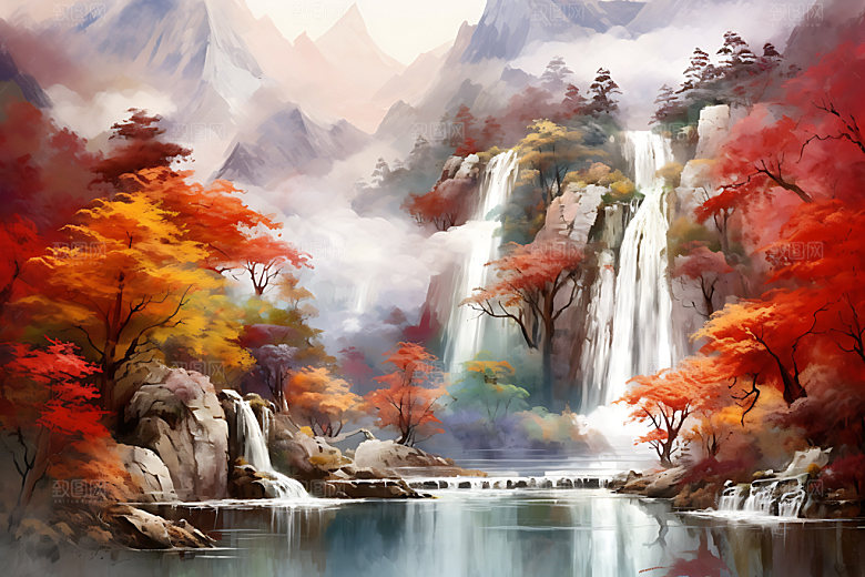 水墨秋天晕染风光中国风插画