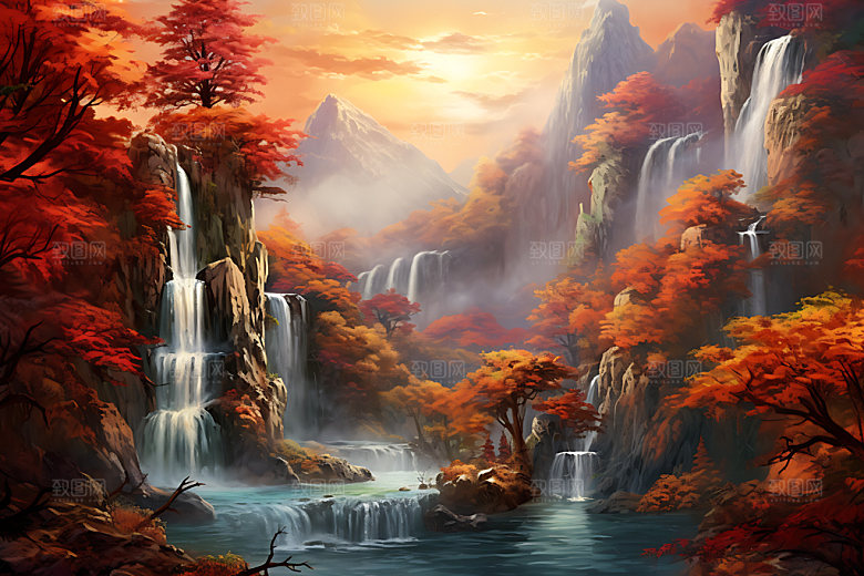 水墨秋天国画山水楼阁中国风插画
