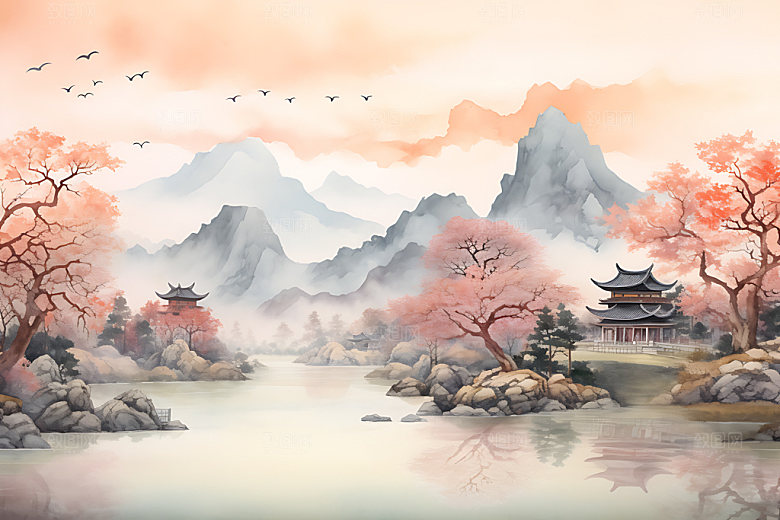 水墨秋天写实风光中国风插画