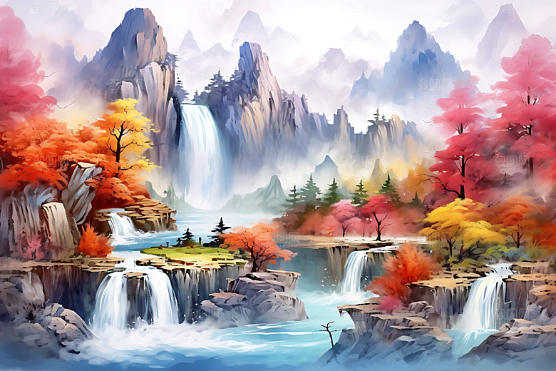 水墨秋天唯美写实中国风插画