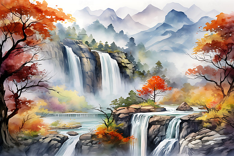 水墨秋天风光晕染中国风插画