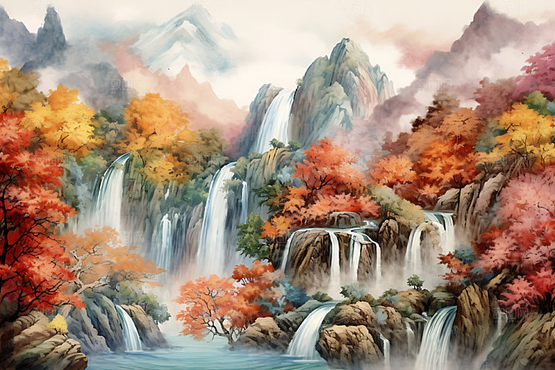 水墨秋天唯美山水楼阁中国风插画