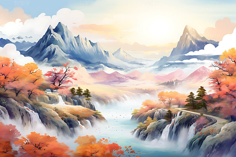 水墨秋天晕染风光中国风插画