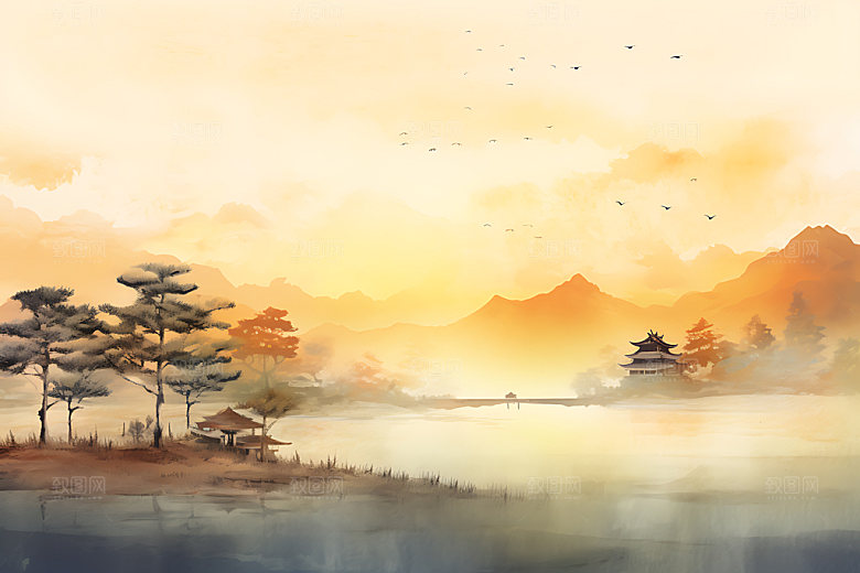 水墨秋天晕染写实中国风插画
