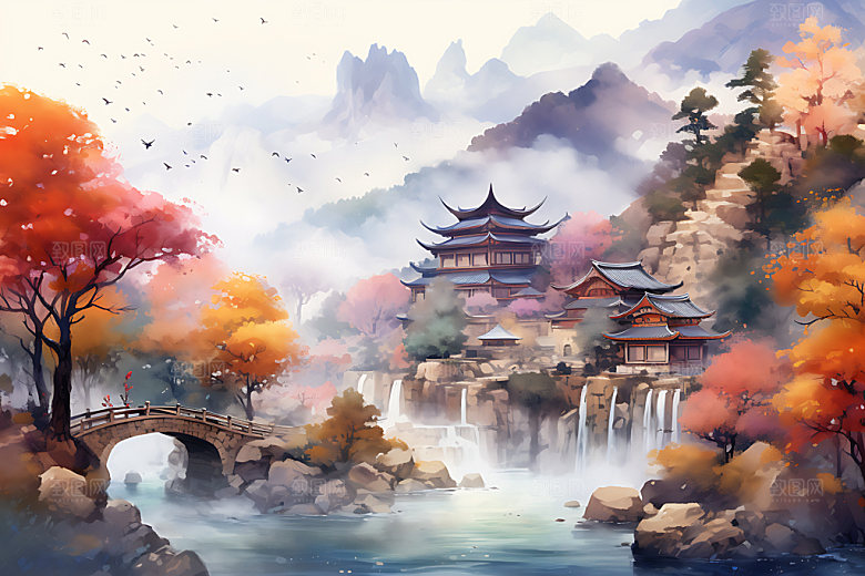 水墨秋天唯美写实中国风插画