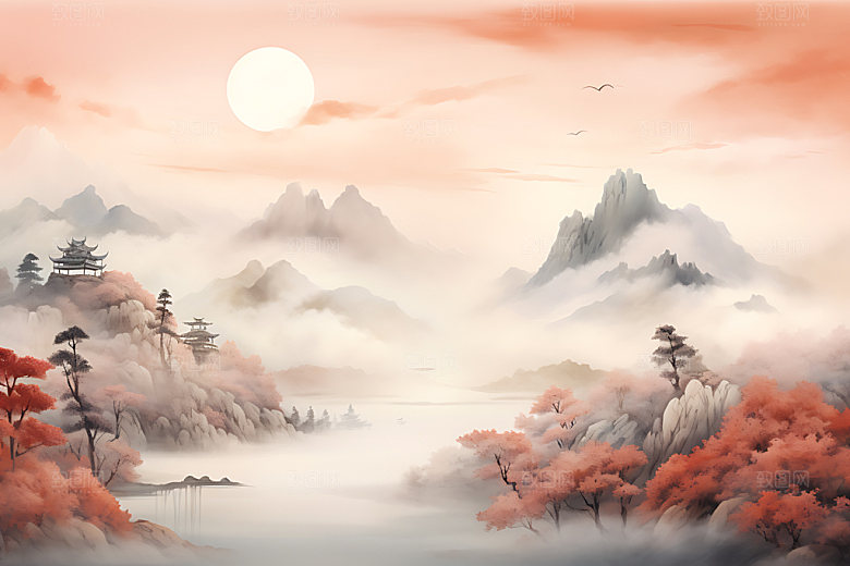 水墨秋天晕染唯美中国风插画