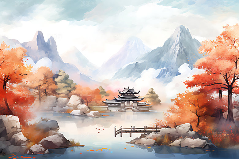 水墨秋天写实唯美中国风插画