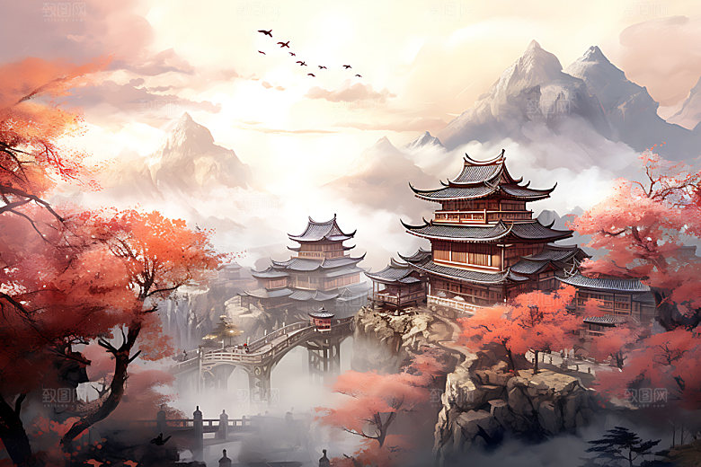 水墨秋天山水楼阁晕染中国风插画
