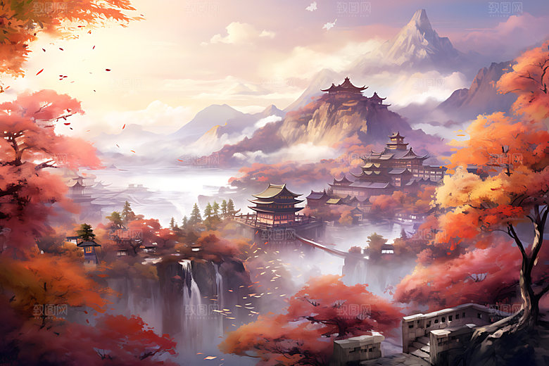 水墨秋天晕染唯美中国风插画