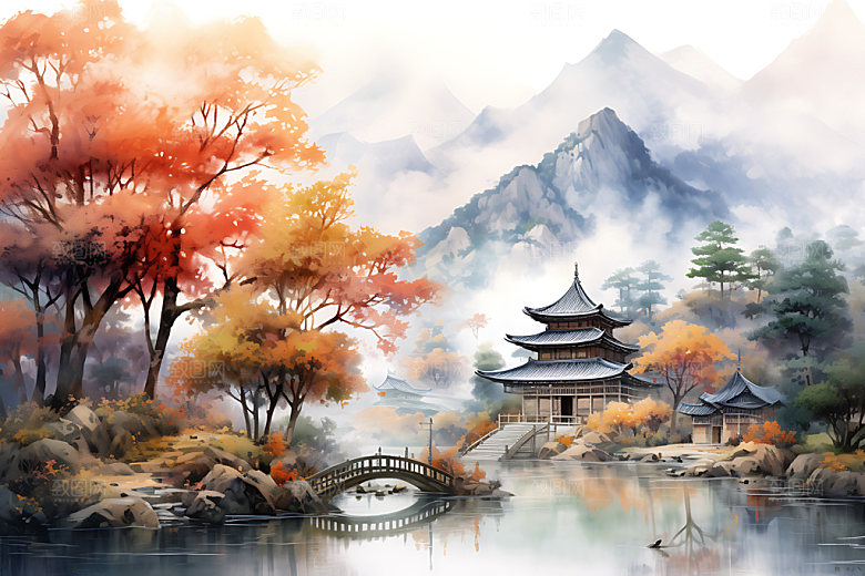 水墨秋天写实晕染中国风插画
