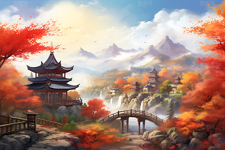水墨秋天风光山水楼阁中国风插画
