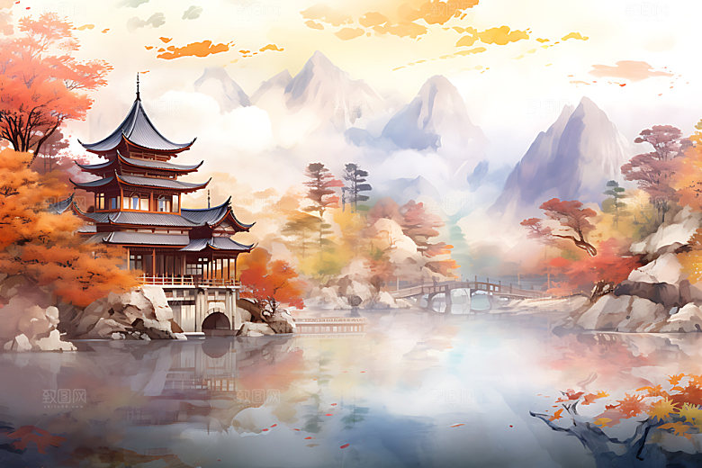 水墨秋天山水楼阁唯美中国风插画