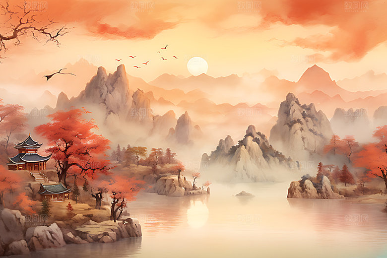 水墨秋天唯美山水楼阁中国风插画
