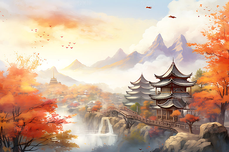 水墨秋天山水楼阁唯美中国风插画