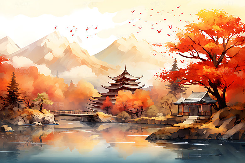 水墨秋天风光写实中国风插画
