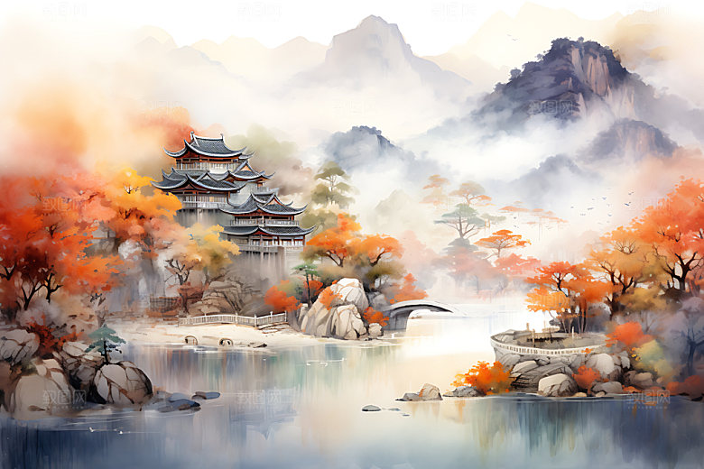 水墨秋天风光唯美中国风插画