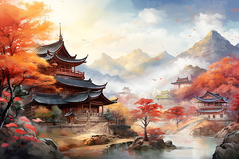 水墨秋天国画唯美中国风插画