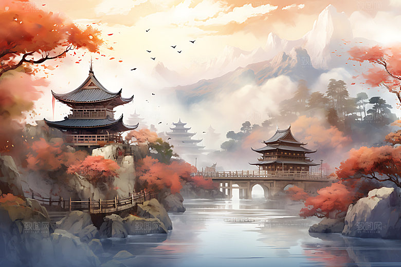 水墨秋天晕染唯美中国风插画