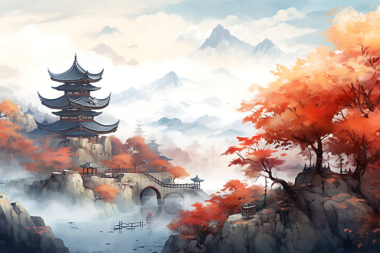 水墨秋天风光国画中国风插画