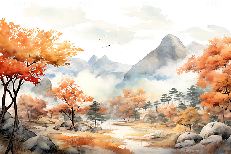 水墨秋天写实唯美中国风插画