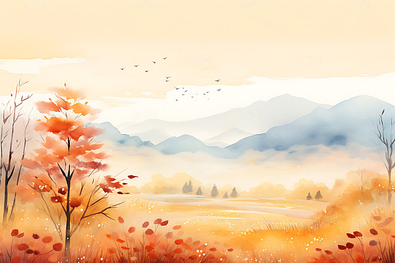 水墨秋天山水楼阁风光中国风插画