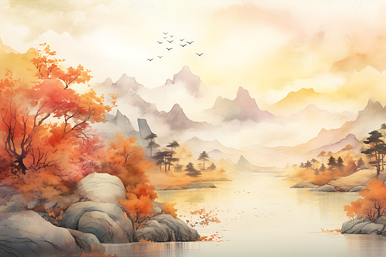 水墨秋天晕染唯美中国风插画