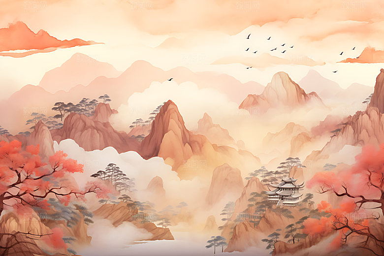 水墨秋天写实山水楼阁中国风插画