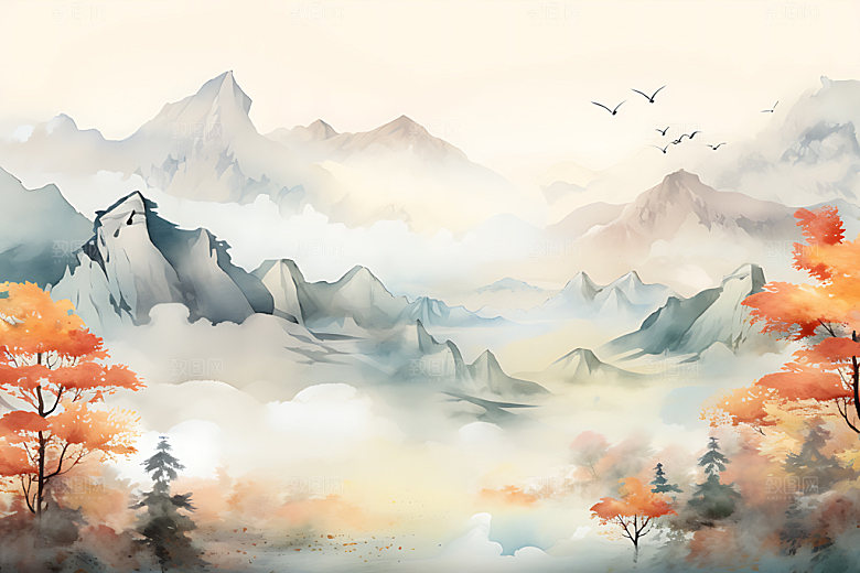 水墨秋天山水楼阁国画中国风插画