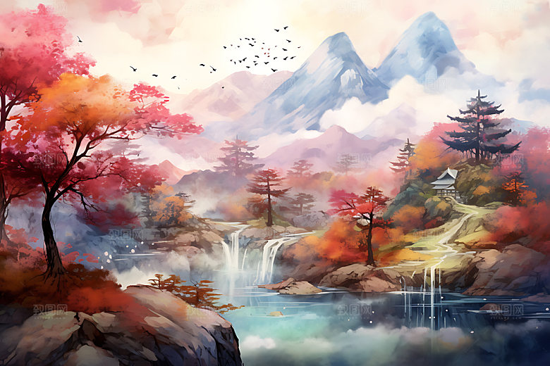 水墨秋天山水楼阁国画中国风插画