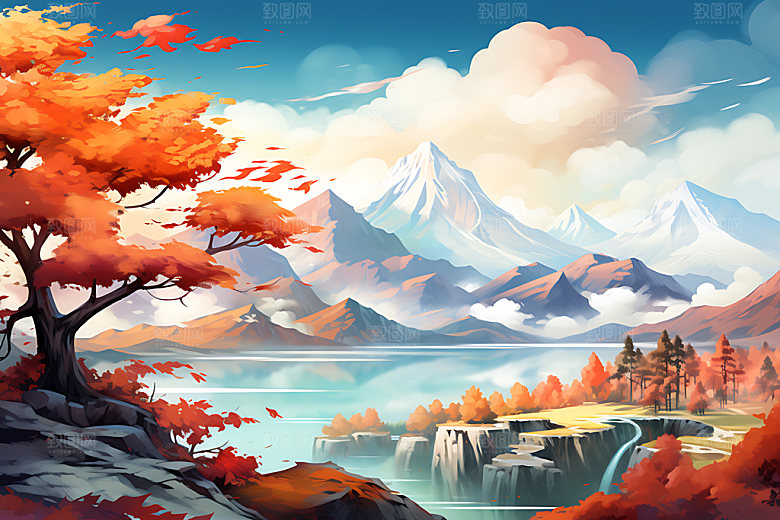 水墨秋天山水楼阁国画中国风插画