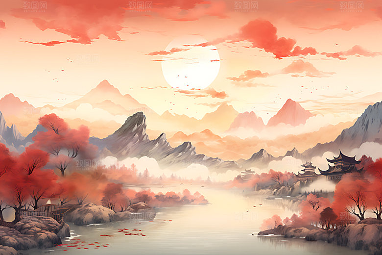 水墨秋天唯美写实中国风插画