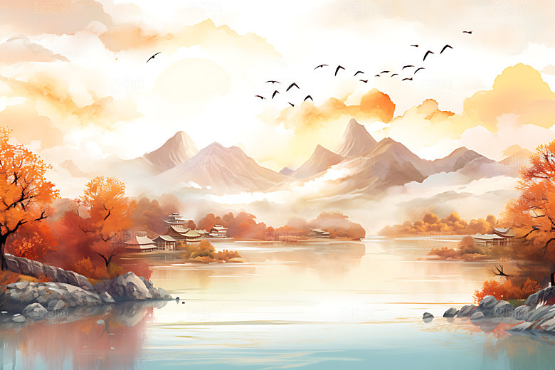 水墨秋天国画山水楼阁中国风插画
