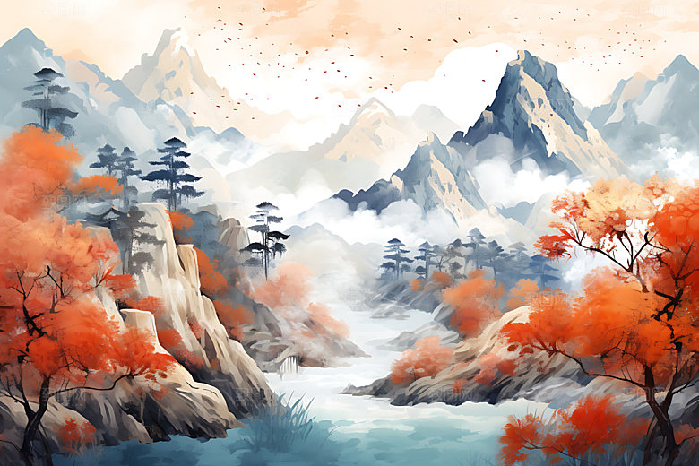 水墨秋天晕染写实中国风插画