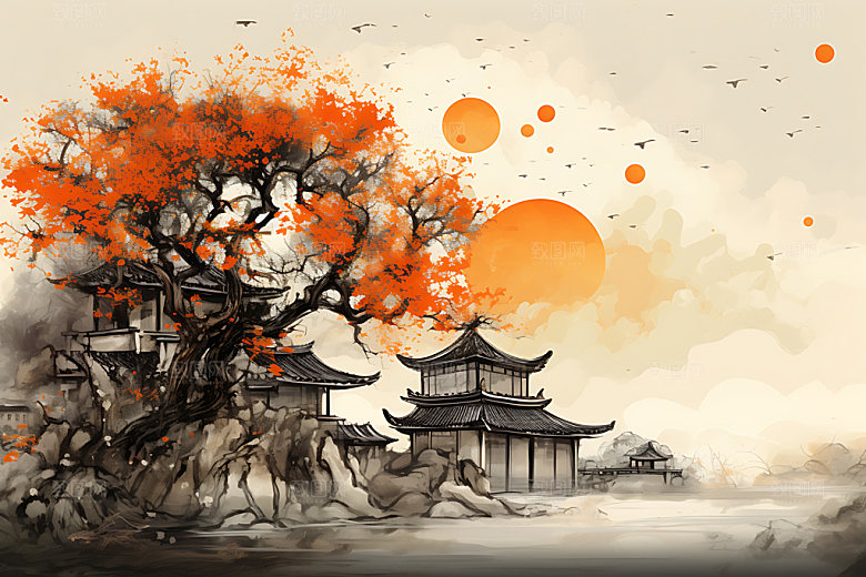水墨秋天风光国画中国风插画
