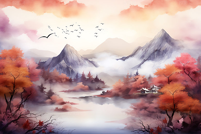 水墨秋天写实山水楼阁中国风插画