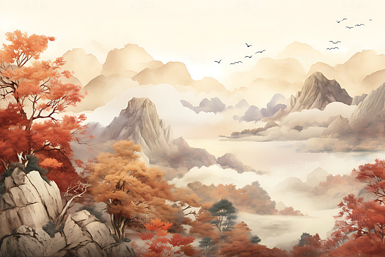水墨秋天风光写实中国风插画