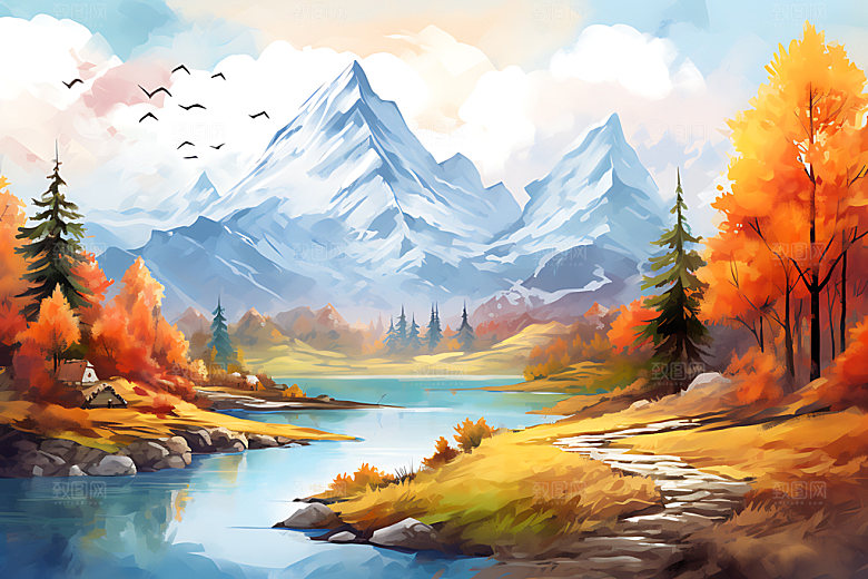 水墨秋天山水楼阁国画中国风插画
